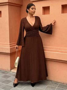 Allurite Women's Plus Size Spring/Autumn Casual Elegant V-Neck Cinched Waist Ruched Flare Sleeve Knit Textured A-Line Dress Brunch Formal Brown - Coffee Brown - View 5