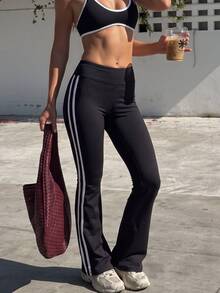 SHEIN Sports 1件裝 黑白配色拼接喇叭褲 - 黑與白 - 查看 3