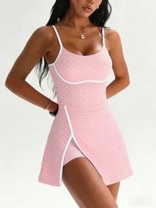 CourtClass CourtClass Women's Golf Sports Dress,Spaghetti Strap Polka Dot Print Contrast Waistband Front Slit,Detachable Shorts With Pockets For Tennis,Running,Yoga,Gym - Pink - View 8