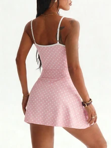 CourtClass CourtClass Women's Golf Sports Dress,Spaghetti Strap Polka Dot Print Contrast Waistband Front Slit,Detachable Shorts With Pockets For Tennis,Running,Yoga,Gym - Pink - View 3