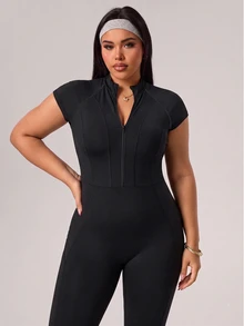 SHEIN Unity Spring/Summer Women's Plus Size Athletic Jumpsuit, Black Tight-Fitting Half-Zip Stand Collar 4-Needle 6-Thread Split Short Sleeve Flare Leg Gym Sports - Black - View 5