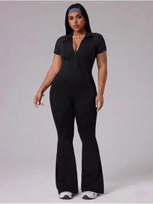 SHEIN Unity Spring/Summer Women's Plus Size Athletic Jumpsuit, Black Tight-Fitting Half-Zip Stand Collar 4-Needle 6-Thread Split Short Sleeve Flare Leg Gym Sports - Black - View 3