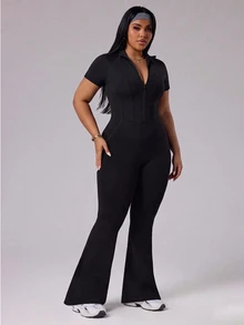 SHEIN Unity Spring/Summer Women's Plus Size Athletic Jumpsuit, Black Tight-Fitting Half-Zip Stand Collar 4-Needle 6-Thread Split Short Sleeve Flare Leg Gym Sports - Black - View 4