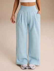 Dewbera Dewbera Women's Colorblock Pleated Pocket Casual Daily Travel Sports Long Pants - Baby Blue - View 8