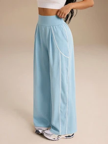 Dewbera Dewbera Women's Colorblock Pleated Pocket Casual Daily Travel Sports Long Pants - Baby Blue - View 5