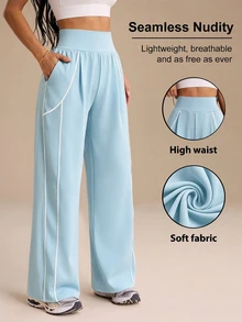 Dewbera Dewbera Women's Colorblock Pleated Pocket Casual Daily Travel Sports Long Pants - Baby Blue - View 3