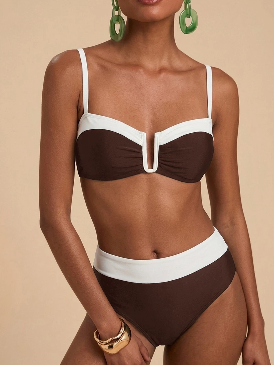 Travachic Women's Color Block Patchwork Swimwear Set Swimwears Bathing - Brown - View 1