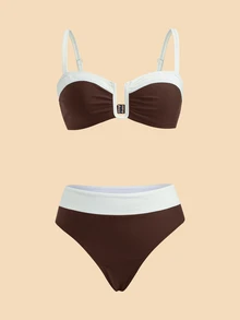 Travachic Women's Color Block Patchwork Swimwear Set Swimwears Bathing - Brown - View 3