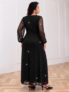 Modelyn Plus Size Elegant Party Rhinestone Mesh Dress - Black - View 2