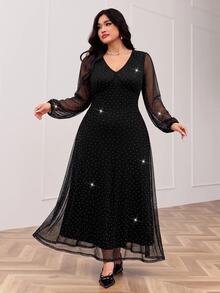 Modelyn Plus Size Elegant Party Rhinestone Mesh Dress - Black - View 5