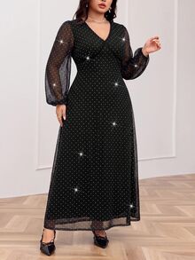 Modelyn Plus Size Elegant Party Rhinestone Mesh Dress - Black - View 6