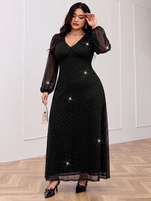 Modelyn Plus Size Elegant Party Rhinestone Mesh Dress - Black - View 4