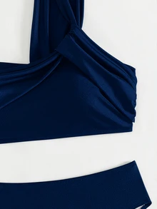 Costavie 女款夏季海灘純色單肩比基尼上衣與三角褲兩件式泳衣套裝 - 藏蓝色 - 查看 4