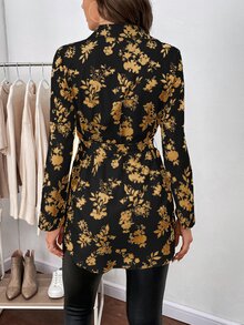 SHEIN Clasi 女款植物印花長袖襯衫，秋季外出上衣，返校、萬聖節適用 - 黃色 - 查看 2