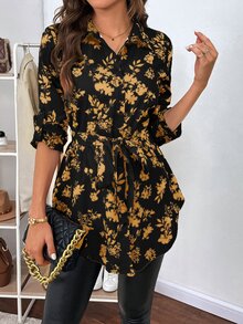 SHEIN Clasi 女款植物印花長袖襯衫，秋季外出上衣，返校、萬聖節適用 - 黃色 - 查看 1
