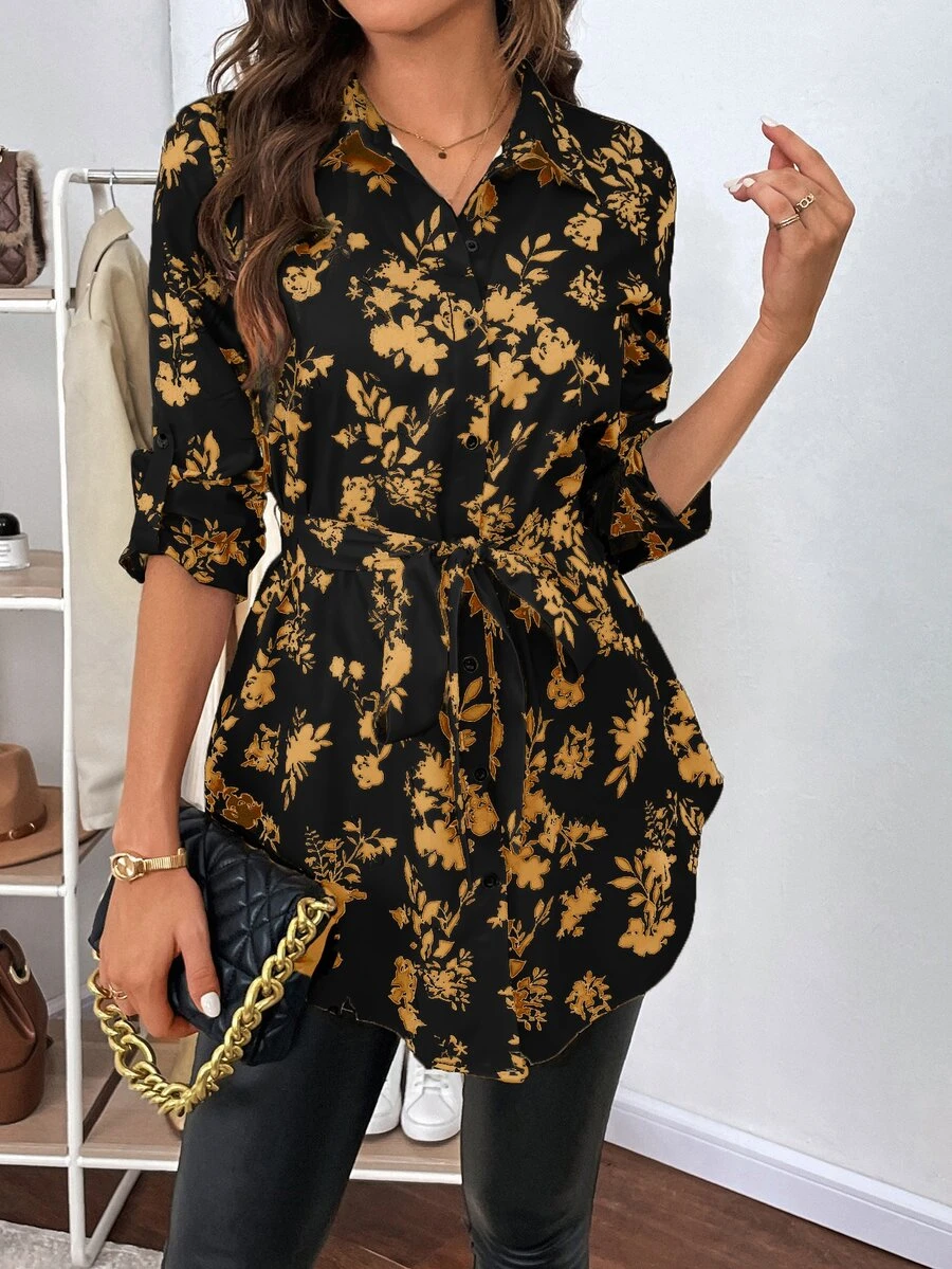 SHEIN Clasi 女款植物印花長袖襯衫，秋季外出上衣，返校、萬聖節適用 - 黃色 - 查看 1