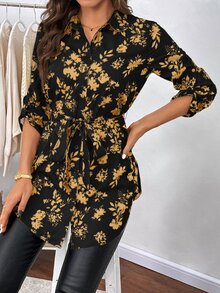 SHEIN Clasi 女款植物印花長袖襯衫，秋季外出上衣，返校、萬聖節適用 - 黃色 - 查看 4