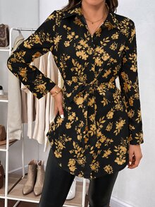 SHEIN Clasi 女款植物印花長袖襯衫，秋季外出上衣，返校、萬聖節適用 - 黃色 - 查看 3