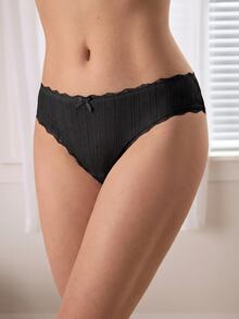 Ocili 5pcs Bulk Pack Pure Cotton Knitted Jacquard Comfortable Women's Contrast Lace Bow Decor Triangle Panties - Black - View 4