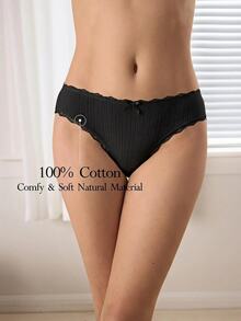 Ocili 5pcs Bulk Pack Pure Cotton Knitted Jacquard Comfortable Women's Contrast Lace Bow Decor Triangle Panties - Black - View 5