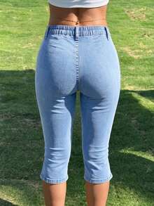 CovetEZ 女款休閒水洗修身短版牛仔褲 - 淺色水洗藍 - 查看 2