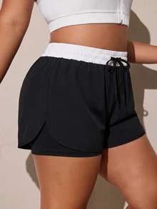 SHEIN Rhythm Era Women's Plus Size Colorblock Drawstring Waist Sports Shorts - Black and White - View 6