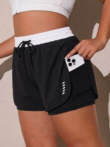 SHEIN Rhythm Era Women's Plus Size Colorblock Drawstring Waist Sports Shorts - Black and White - View 2
