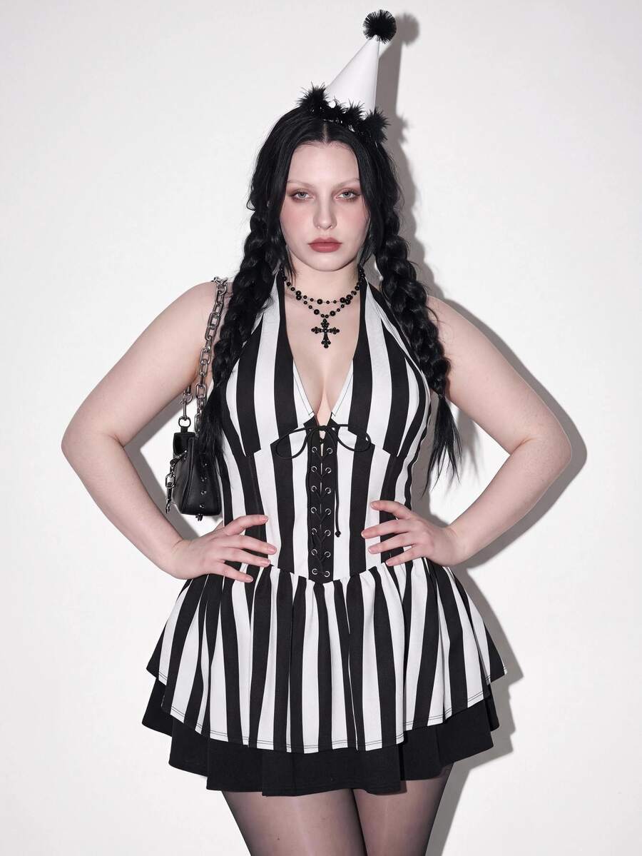 SHEIN ICON Plus Size Dresses Halloween - Black and White - View 1