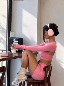 SHEIN Sports Seamless Women's Solid Color Tank Top Cropped Vest And Shorts Sports Sexy Athletic Set Gym Pink Summer Gym - Pink - View 1
