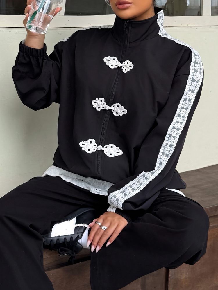 Muchica Plus-Size Casual Sports Jacket For Young Women, Featuring Lace Detailing And Traditional Chinese Frog Closures (Suitable For Autumn Outings). - Black and White - View 5