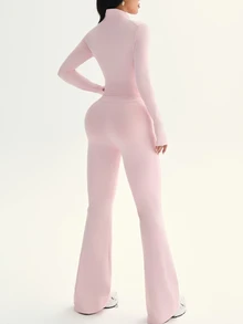 SHEIN Sovereign Charm 2pcs Women's Sports Suit Pink And Red,Summer,Sexy,Gym,Tight-Fitting Contrast Color Full-Zip Long Sleeve Jacket With Thumb Hole&Flared Leggings Set - Pink - View 3