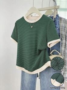 Resyla Women's Crew Neck Short-Sleeve T-Shirt With Color-Block Striped Print Casual Basic Style - Multicolor - View 1