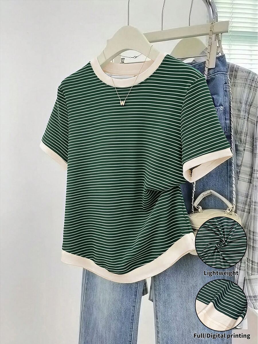 Resyla Women's Crew Neck Short-Sleeve T-Shirt With Color-Block Striped Print Casual Basic Style - Multicolor - View 1