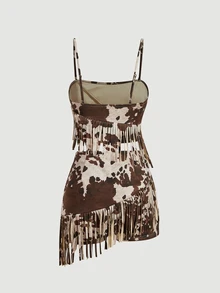 SHEIN MOD 2pcs Women Cow Print Spaghetti Strap Sleeveless Short Brown Sweet Country Fringe Skirt Set Party Halloween Fall - Chocolate Brown - View 2