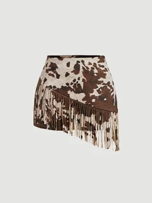 SHEIN MOD 2pcs Women Cow Print Spaghetti Strap Sleeveless Short Brown Sweet Country Fringe Skirt Set Party Halloween Fall - Chocolate Brown - View 5