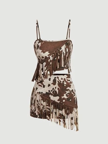 SHEIN MOD 2pcs Women Cow Print Spaghetti Strap Sleeveless Short Brown Sweet Country Fringe Skirt Set Party Halloween Fall - Chocolate Brown - View 4