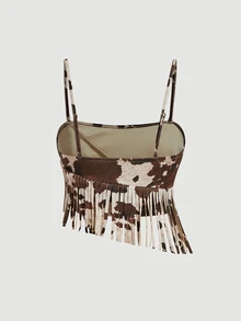 SHEIN MOD 2pcs Women Cow Print Spaghetti Strap Sleeveless Short Brown Sweet Country Fringe Skirt Set Party Halloween Fall - Chocolate Brown - View 7