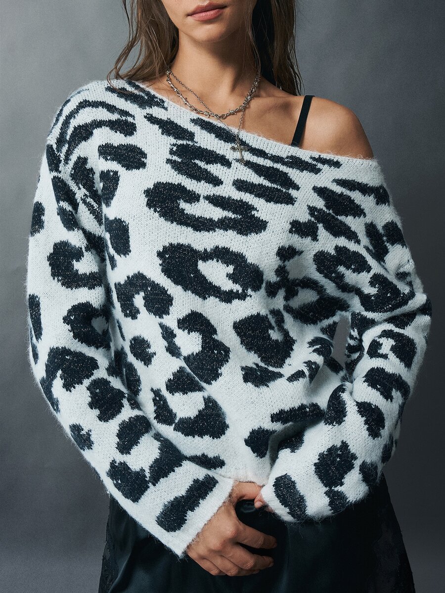 Bohemela Leopard Pattern Drop Shoulder Sweater - Beige - View 1
