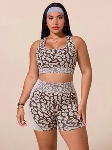 SHEIN Rhythm Era Plus Size Leopard Print Cropped Tank Top Shorts Sports Set Sports Gym Beige Summer - Coffee Brown - View 7