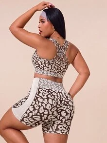 SHEIN Rhythm Era Plus Size Leopard Print Cropped Tank Top Shorts Sports Set Sports Gym Beige Summer - Coffee Brown - View 2