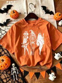 Breezaya 萬聖節 Spooky Girl Squad T恤－骷髏鬼魂南瓜女巫秋季 T恤 - 珊瑚橙 - 查看 1