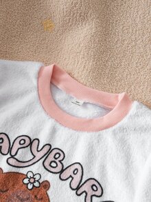 SHEIN Girls White Bow Pink Long Sleeve Top With Bow Print Plush Long Pants Loungewear Set - Multicolor - View 9