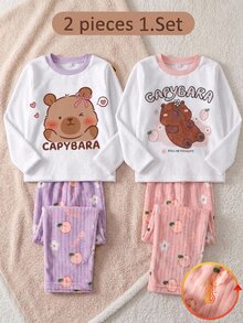 SHEIN Girls White Bow Pink Long Sleeve Top With Bow Print Plush Long Pants Loungewear Set - Multicolor - View 7