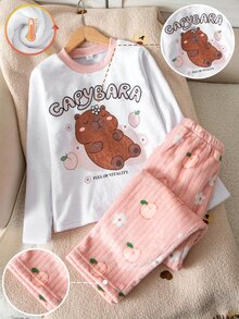 SHEIN Girls White Bow Pink Long Sleeve Top With Bow Print Plush Long Pants Loungewear Set - Multicolor - View 2