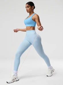Solea Cove Solea Cove 女款素色無袖短版運動貼身瑜伽賽車背心上衣 - 藍色 - 查看 7
