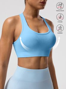 Solea Cove Solea Cove 女款素色無袖短版運動貼身瑜伽賽車背心上衣 - 藍色 - 查看 1