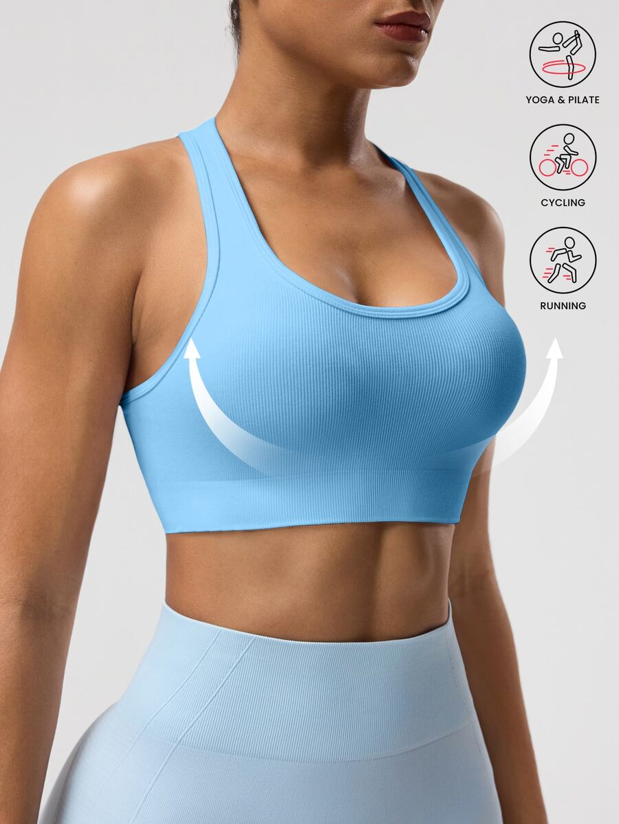 Solea Cove Solea Cove 女款素色無袖短版運動貼身瑜伽賽車背心上衣 - 藍色 - 查看 1