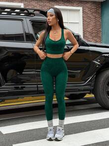 Solea Cove Solea Cove Women Leopard Print Cropped Tank Top And Leggings Sports Set - Green - View 7