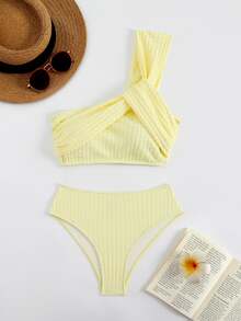 Swim Mod Women's Summer Beach Solid Color One-Shoulder Bikini Top And Triangle Bottom Two-Piece Swimwear Set - Yellow - View 6