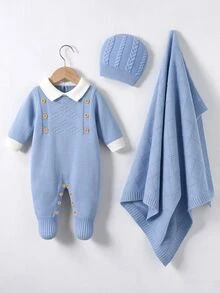 SHEIN Baby Boy Contrast Collar Knit Jumpsuit & Hat & Blanket - Blue - View 1